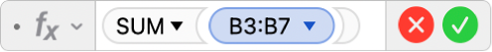 The Formula Editor showing the formula =SUM(B3:B7).