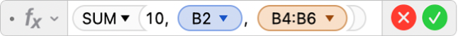 The Formula Editor showing the formula =SUM(10, B2, B4:B6).