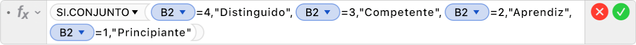 El editor de fórmulas mostrando la fórmula =SI.CONJUNTO(B2=4,"Distinguido",B2=3,"Competente",B2=2,"Aprendiz",B2=1,"Principiante").