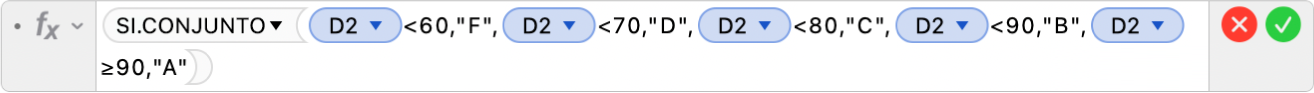 El editor de fórmulas mostrando la fórmula =SI.CONJUNTO(D2<60,"F",D2<70,"D",D2<80,"C",D2<90,"B",D2≥90,"A").