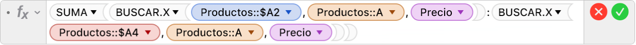 El editor de fórmulas mostrando la fórmula =SUMA(BUSCAR.X(Productos::$A2,Productos::A,Precio):BUSCAR.X(Productos::$A4,Productos::A,Precio)).