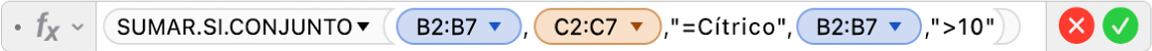 El editor de fórmulas mostrando la fórmula =SUMAR.SI.CONJUNTO(B2:B7,C2:C7,"=Cítrico",B2:B7,">10").