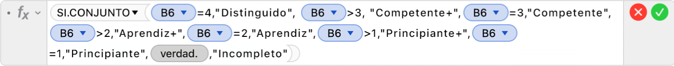 El editor de fórmulas mostrando la fórmula =SI.CONJUNTO(B6=4,"Distinguido", B6>3, "Competente+",B6=3,"Competente",B6>2,"Aprendiz+",B6=2,"Aprendiz",B6=3,"Principiante+",B5=1,"Principiante",VERDADERO,"Incompleto").