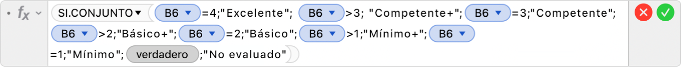 El editor de fórmulas muestra la fórmula =SI.CONJUNTO(B6=4,"Excelente", B6>3, "Competente+",B6=3,"Competente",B6>2,"Básico+",B6=2,"Básico",B6>1,"Mínimo",B5=1,"Mínimo",VERDADERO,"No evaluado").
