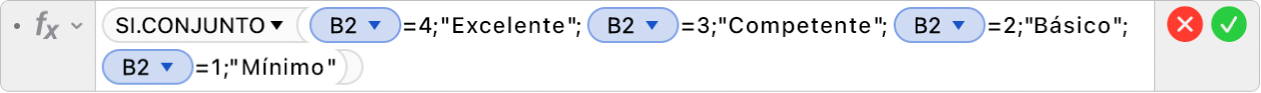 El editor de fórmulas muestra la fórmula =SI.CONJUNTO(B2=4,"Excelente",B2=3,"Competente",B2=2,"Básico",B2=1,"Mínimo").