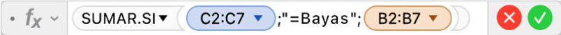 El editor de fórmulas muestra la fórmula =SUMAR.SI(C2:C7,"=Bayas",B2:B7).
