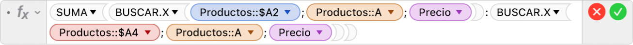 El editor de fórmulas muestra la fórmula =SUMA(BUSCAR.X(Productos::$A2,Productos::A,Precio):BUSCAR.X(Productos::$A4,Productos::A,Precio)).