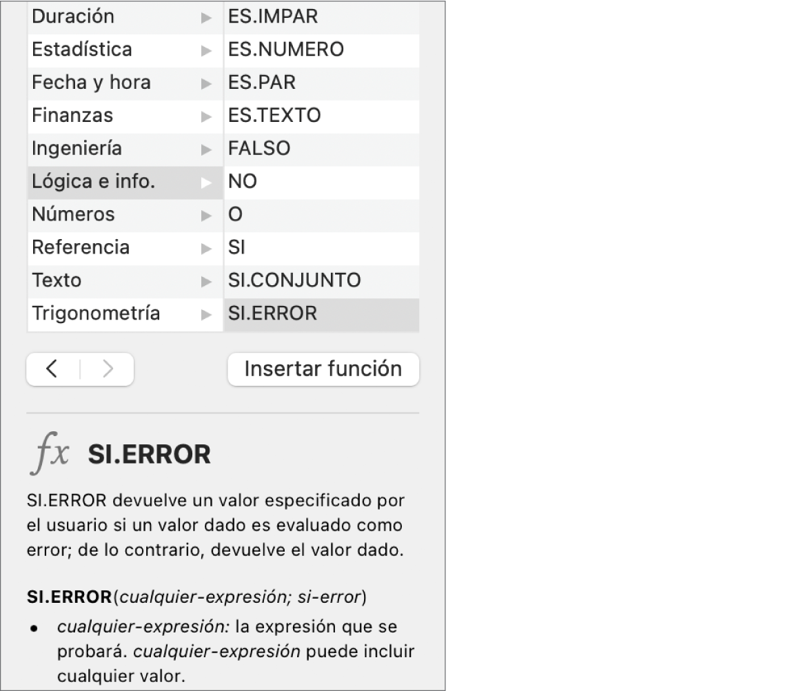 Explorador de funciones con información para la función SI.ERROR.