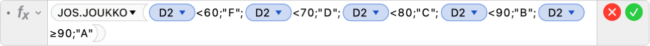 Kaavan muokkaajassa näkyy kaava =JOS.JOUKKO(D2<60;"F";D2<70;"D";D2<80;"C";D2<90;"B";D2≥90;"A").