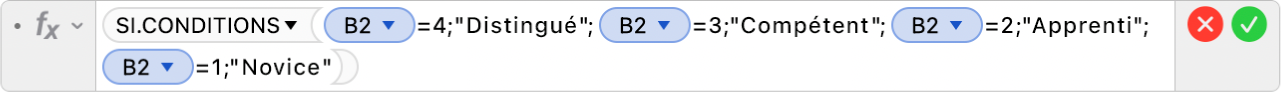 L’éditeur de formules affichant la formule =SI.CONDITIONS(B2=4;"Distingué";B2=3;"Compétent";B2=2;"Apprenti";B2=1;"Novice").