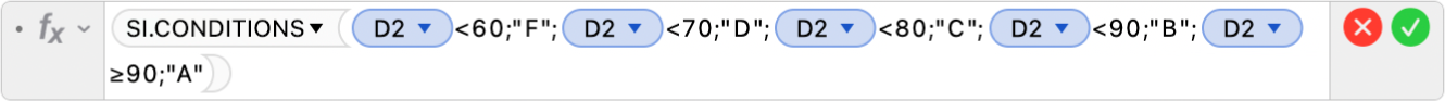 L’éditeur de formules affichant la formule =SI.CONDITIONS(D2<60;"F";D2<70;"D";D2<80;"C";D2<90;"B";D2≥90;"A").