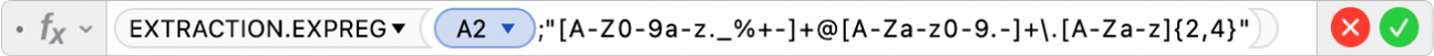L’éditeur de formules affichant la formule =EXTRACTION.EXPREG(A2;"[A-Z0-9a-z._%+-]+@[A-Za-z0-9.-]+\.[A-Za-z]{2;4}")