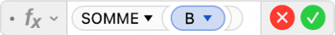L’éditeur de formules présentant la formule =SOMME(B).