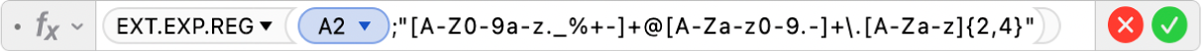 L’éditeur de formules présentant la formule =EXT.EXP.REG(A2;"[A-Z0-9a-z._%+-]+@[A-Za-z0-9.-]+\.[A-Za-z]{2;4}")