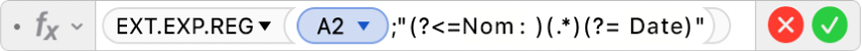 L’éditeur de formules présentant la formule =EXT.EXP.REG(A2;"(?<=Nom: )(.*)(?=Date)").