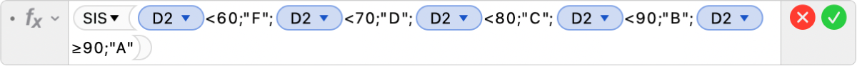 L’éditeur de formules présentant la formule =SIS(D2<60;"F";D2<70;"D";D2<80;"C";D2<90;"B";D2≥90;"A").