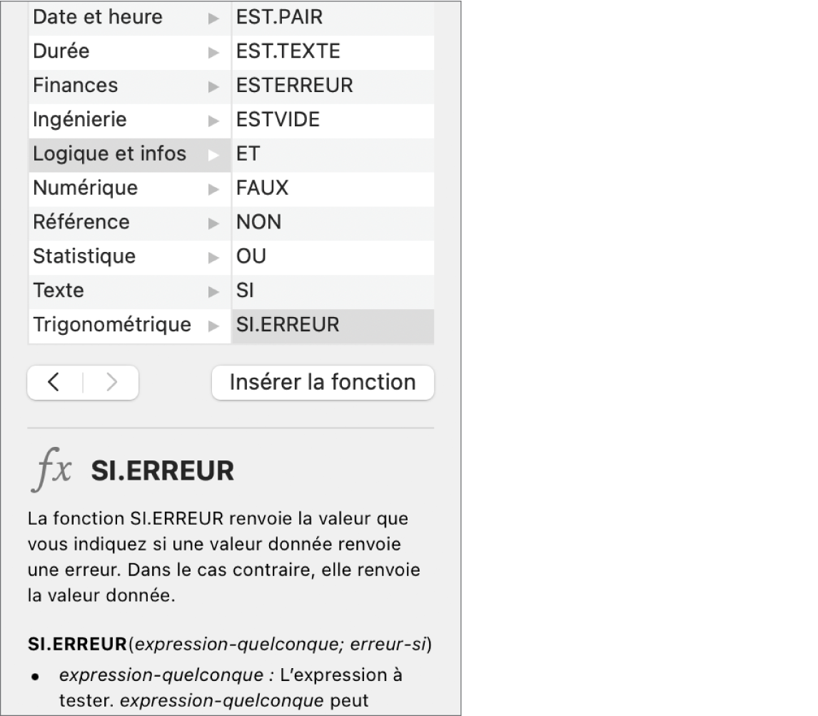 Le navigateur des fonctions affichant des informations relatives à la fonction SI.ERREUR.