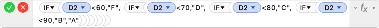 עורך הנוסחאות מציג את הנוסחה ‎=IF(D2<60,"F", IF(D2<70,"D", IF(D2<80,"C", IF(D2<90,"B","A"))))‎.