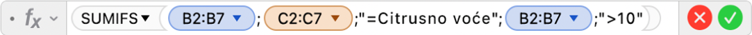 Uređivač formula prikazuje formulu =SUMIFS(B2:B7;C2:C7;"=Citrusno voće";B2:B7;">10").