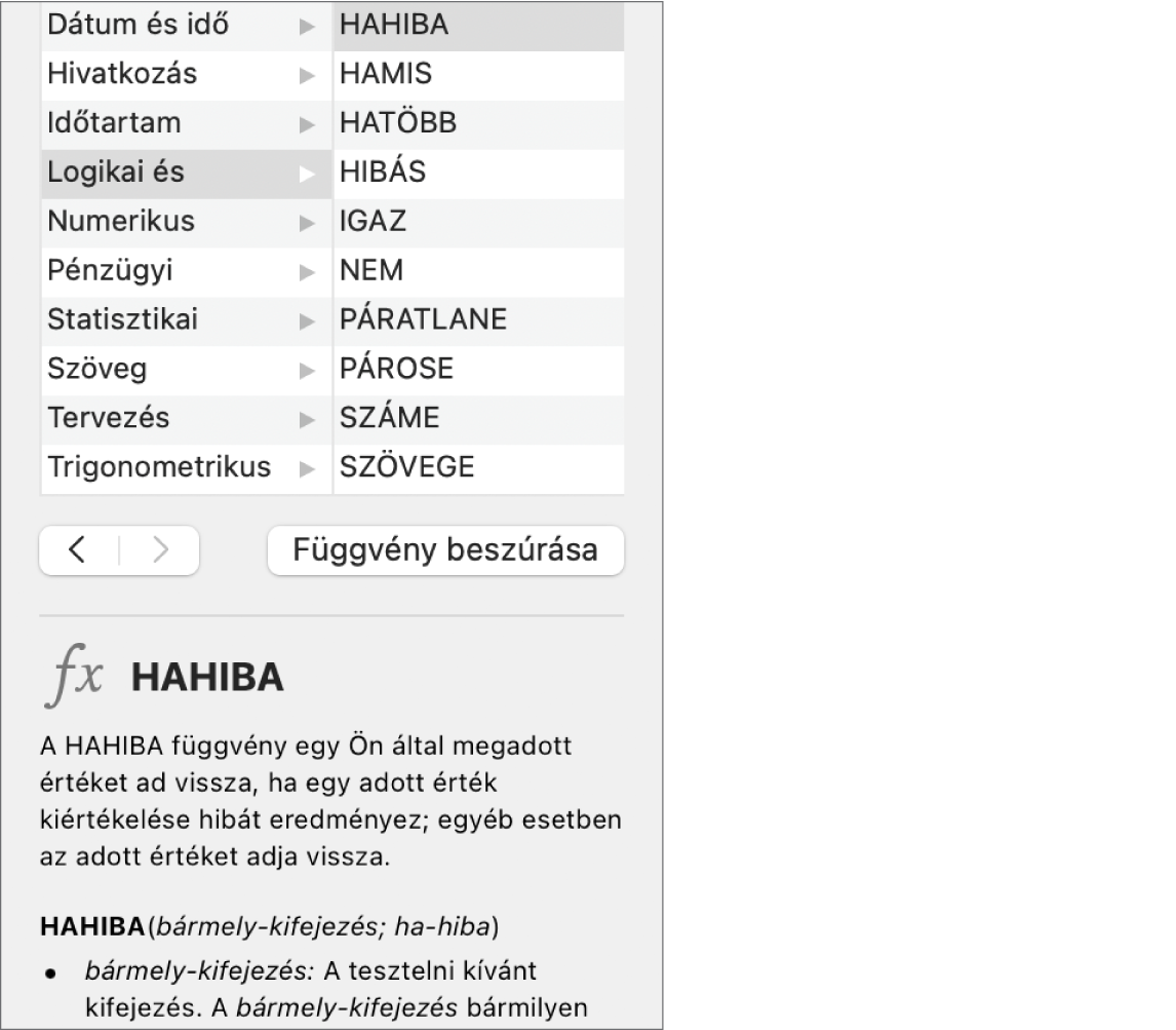 A Függvényböngésző a HAHIBA függvényre vonatkozó információkkal.