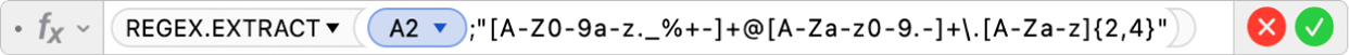 Editor Formula menampilkan formula =REGEX.EXTRACT(A2;"[A-Z0-9a-z._%+-]+@[A-Za-z0-9.-]+\.[A-Za-z]{2;4}")