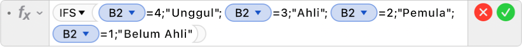 Editor Formula menampilkan formula =IFS(B2=4;"Unggul";B2=3;"Ahli";B2=2;"Pemula";B2=1;"Belum Ahli").