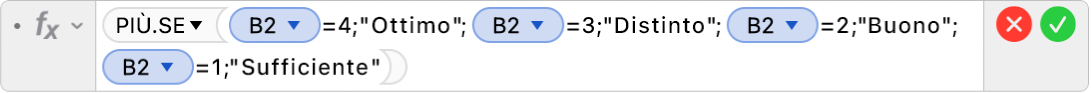 L’Editor di formule che mostra la formula =PIÙ.SE(B2=4,"Ottimo",B2=3,"Distinto",B2=2,"Buono",B2=1,"Sufficiente”)