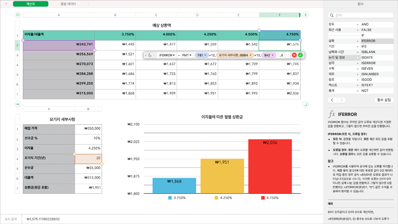 모금액 및 함수 사이드바 공식이 표시된 스프레드시트.