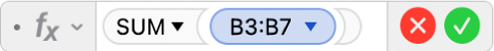 공식 =SUM(B3:B7)을 표시하는 공식 편집기.