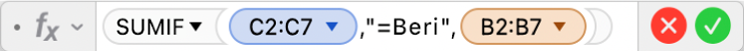 Editor Formula menunjukkan formula =SUMIF(C2:C7,"=Beri",B2:B7).