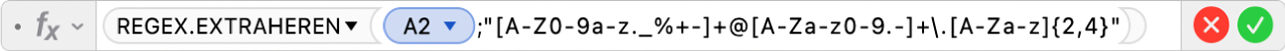De formule-editor met de formule =REGEX.EXTRAHEREN(A2;"[A-Z0-9a-z._%+-]+@[A-Za-z0-9.-]+\.[A-Za-z]{2,4}")