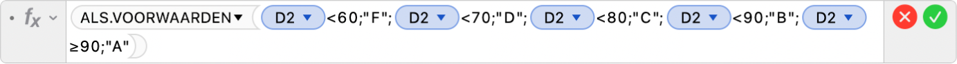 De formule-editor met de formule =ALS.VOORWAARDEN(D2<60;"F";D2<70;"D";D2<80;"C";D2<90;"B";D2≥90;"A").