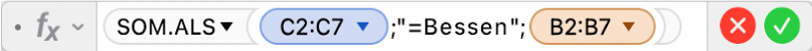 De formule-editor met de formule =SOM.ALS(C2:C7;"=Bessen";B2:B7).