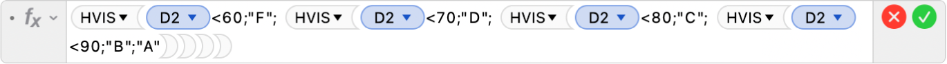 Formelredigeringen viser formelen =HVIS(D2<60;"F"; HVIS(D2<70;"D"; HVIS(D2<80;"C"; HVIS(D2<90;"B";"A")))).
