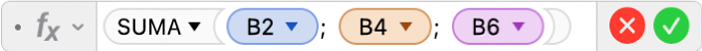 Edytor formuł pokazujący formułę =SUMA(B2; B4; B6).