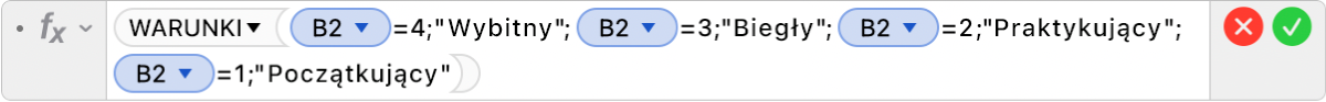 Edytor formuł pokazujący formułę =WARUNKI(B2=4;"Wybitny";B2=3;"Biegły";B2=2;"Praktykujący";B2=1;"Początkujący").