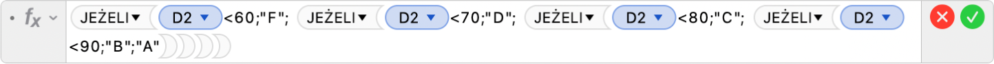 Edytor formuł pokazujący formułę =IF(D2<60,"F"; JEŻELI(D2<70;"D"; JEŻELI(D2<80,"C"; JEŻELI(D2<90;"B";"A")))).