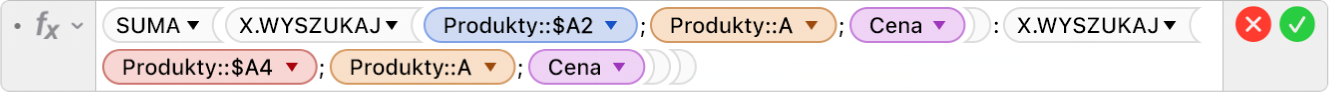Edytor formuł pokazujący formułę =SUMA(X.WYSZUKAJ(Produkty::$A2;Produkty::A;Cena):X.WYSZUKAJ(Produkty::$A4;Produkty::A;Cena)).