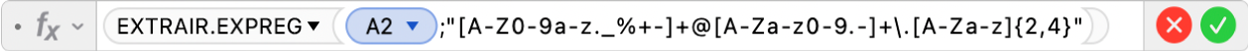 Editor de Fórmulas mostrando a fórmula =EXTRAIR.EXPREG(A2,"[A-Z0-9a-z._%+-]+@[A-Za-z0-9.-]+\.[A-Za-z]{2,4}")