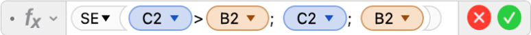 O editor de fórmulas a mostrar a fórmula =SE(C2>B2, C2, B2).