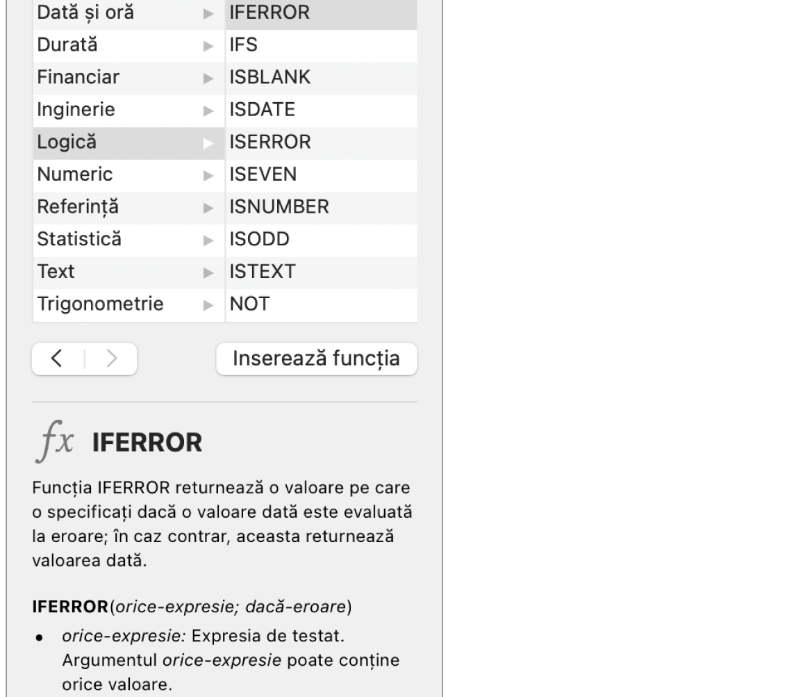 Browserul de funcții afișând informații pentru funcția IFERROR.