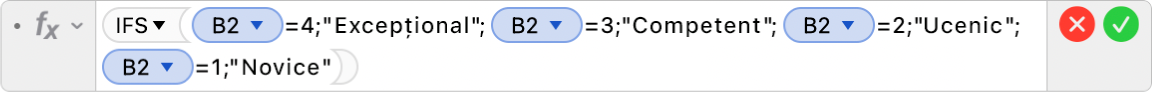 Editorul de formule afișând formula =IFS(B2=4;"Excepțional";B2=3;"Competent";B2=2;"Ucenic";B2=1;"Novice").