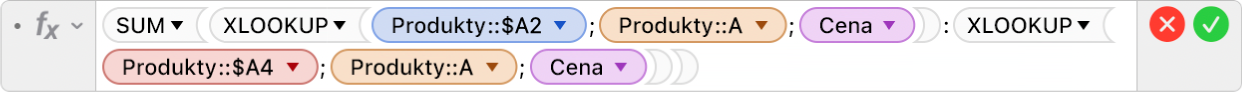 Editor vzorcov zobrazujúci vzorec =SUM(XLOOKUP(Produkty::$A2,Produkty::A,Cena):XLOOKUP(Produkty::$A4,Produkty::A,Cena)).