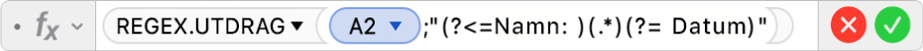 Formelredigeraren som visar formeln =REGEX.UTDRAG(A2;"(?<=Namn: )(.*)(?= Datum)".