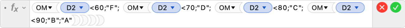Formelredigeraren som visar formeln =OM(D2<60;"F"; OM(D2<70;"D"; OM(D2<80;"C"; OM(D2<90;"B";"A")))).