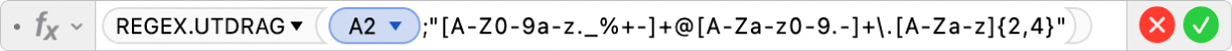 Formelredigeraren som visar formeln =REGEX.UTDRAG(A2;"[A-Z0-9a-z._%+-]+@[A-Za-z0-9.-]+\.[A-Za-z]{2;4}")