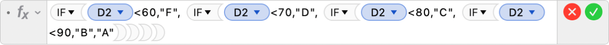ตัวแก้ไขสูตรที่แสดงสูตร =IF(D2<60,"F", IF(D2<70,"D", IF(D2<80,"C", IF(D2<90,"B","A"))))