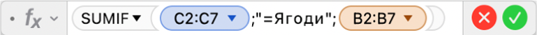 Редактор формул, у якому показано формулу =SUMIF(C2:C7,"=Ягоди",B2:B7).