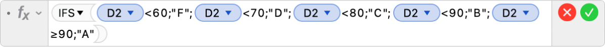 Редактор формул, у якому показано формулу =IFS(D2<60;"F";D2<70;"D";D2<80;"C";D2<90;"B";D2≥90;"A").