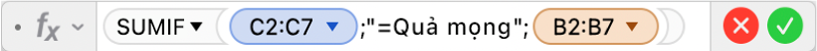 Trình sửa công thức đang hiển thị công thức =SUMIF(C2:C7;"=Quả mọng";B2:B7).